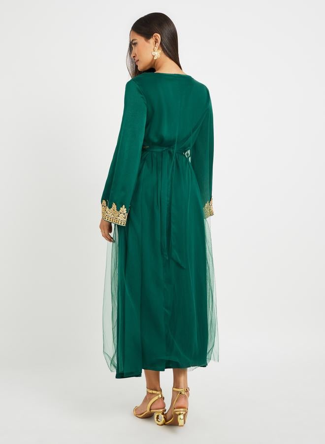 Take Two Embroidered Lace Detail V-Neck Belted Jalabiya - Image 5