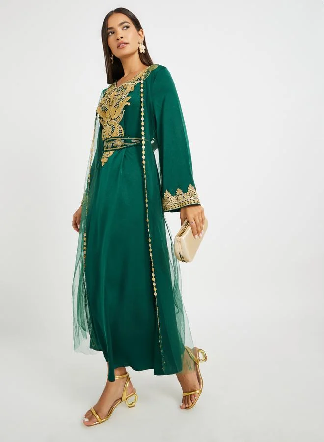 Take Two Take Two Embroidered Lace Detail V-Neck Belted Jalabiya