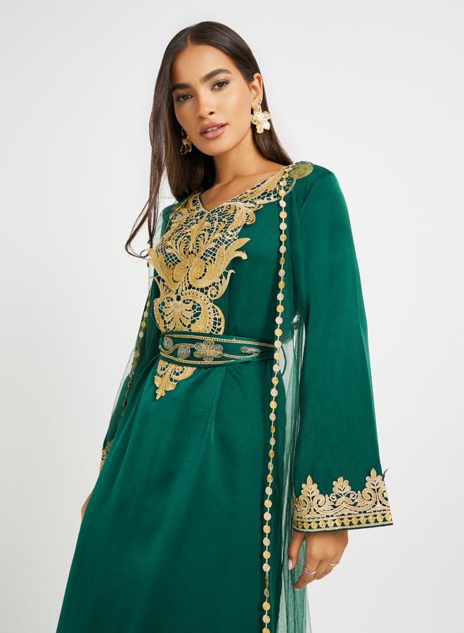 Take Two Embroidered Lace Detail V-Neck Belted Jalabiya - Image 3