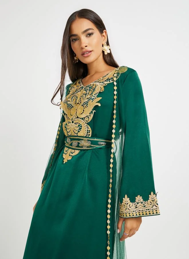 Take Two Green Take Two Embroidered Lace Detail V-Neck Belted Jalabiya for Women | Best Price UAE