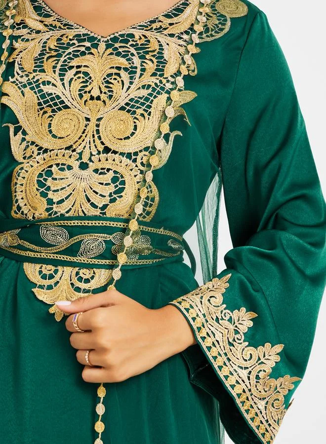 Take Two Green Take Two Embroidered Lace Detail V-Neck Belted Jalabiya for Women | Best Price UAE
