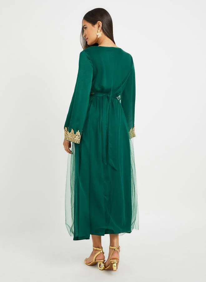 Take Two Green Take Two Embroidered Lace Detail V-Neck Belted Jalabiya for Women | Best Price UAE