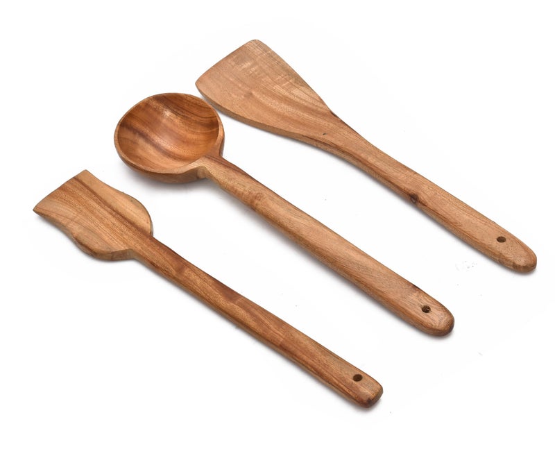 OGGN Sanjeev Kapoor by OGGN Handmade Wooden Spoon Spatula Set of 3, Neem Wood Spoons N Spatulas Combo, Non-Sticky Ladles, Palta, Turner, Pasta Serving Spoon for Flipping, Frying, Serving Food (Pack of 3) - Image 5
