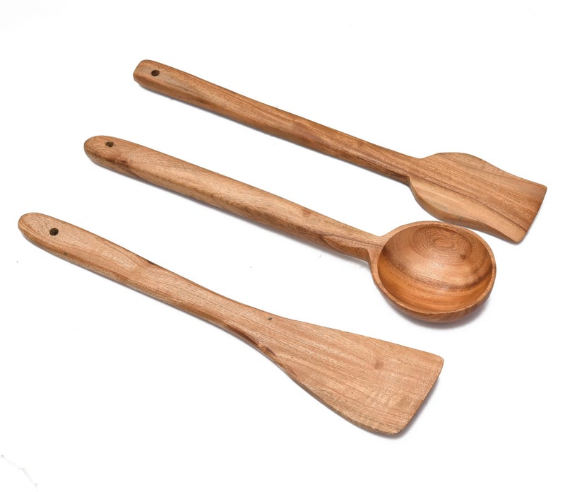 OGGN Sanjeev Kapoor by OGGN Handmade Wooden Spoon Spatula Set of 3, Neem Wood Spoons N Spatulas Combo, Non-Sticky Ladles, Palta, Turner, Pasta Serving Spoon for Flipping, Frying, Serving Food (Pack of 3) - Image 4