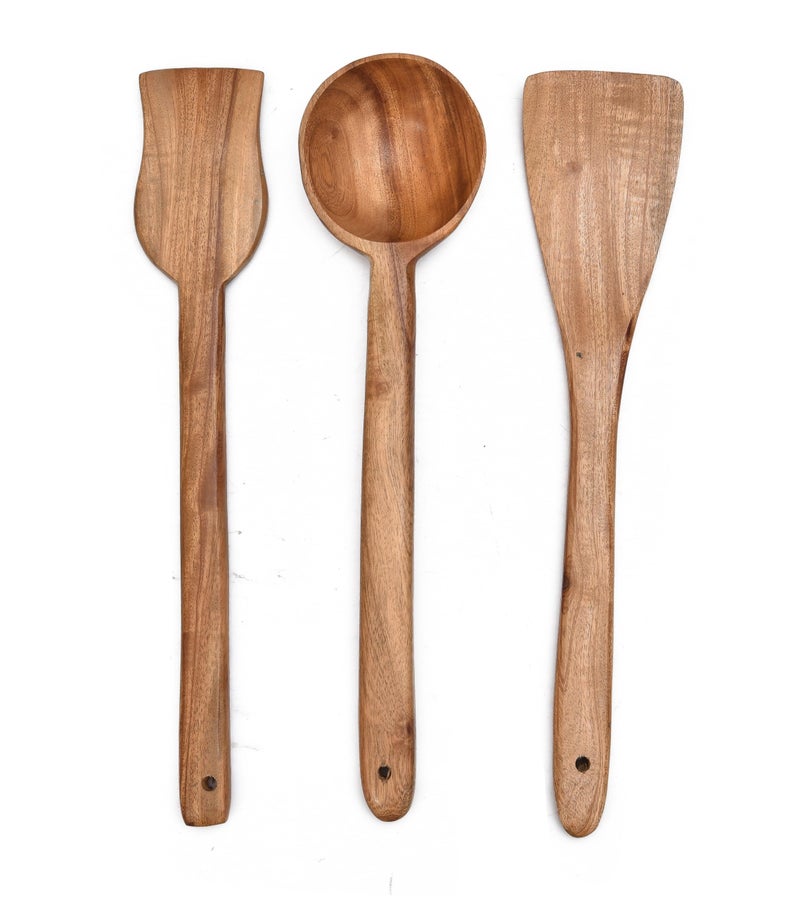 OGGN Sanjeev Kapoor by OGGN Handmade Wooden Spoon Spatula Set of 3, Neem Wood Spoons N Spatulas Combo, Non-Sticky Ladles, Palta, Turner, Pasta Serving Spoon for Flipping, Frying, Serving Food (Pack of 3) - Image 2