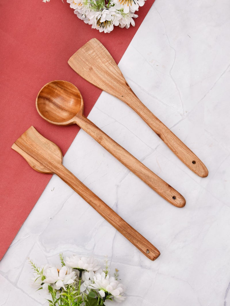 OGGN Sanjeev Kapoor by OGGN Handmade Wooden Spoon Spatula Set of 3, Neem Wood Spoons N Spatulas Combo, Non-Sticky Ladles, Palta, Turner, Pasta Serving Spoon for Flipping, Frying, Serving Food (Pack of 3) - Image 1