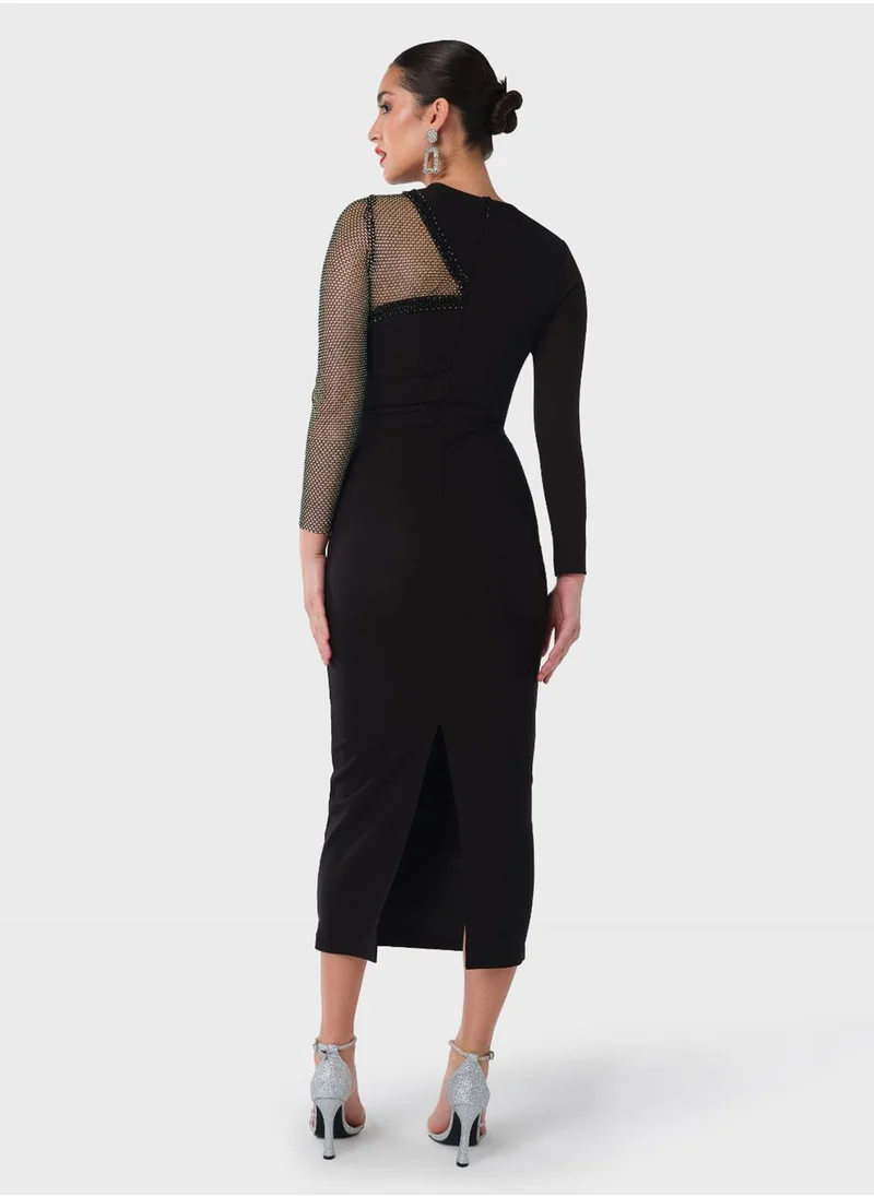 Threadz by Ajooni One Sided Diamonte Mesh Dress