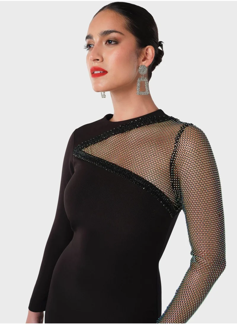 Threadz by Ajooni One Sided Diamonte Mesh Dress