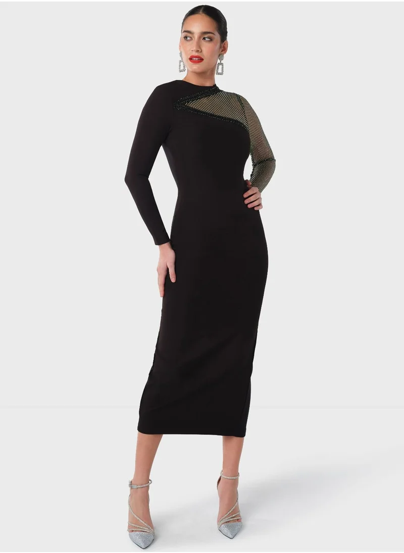 Threadz by Ajooni One Sided Diamonte Mesh Dress