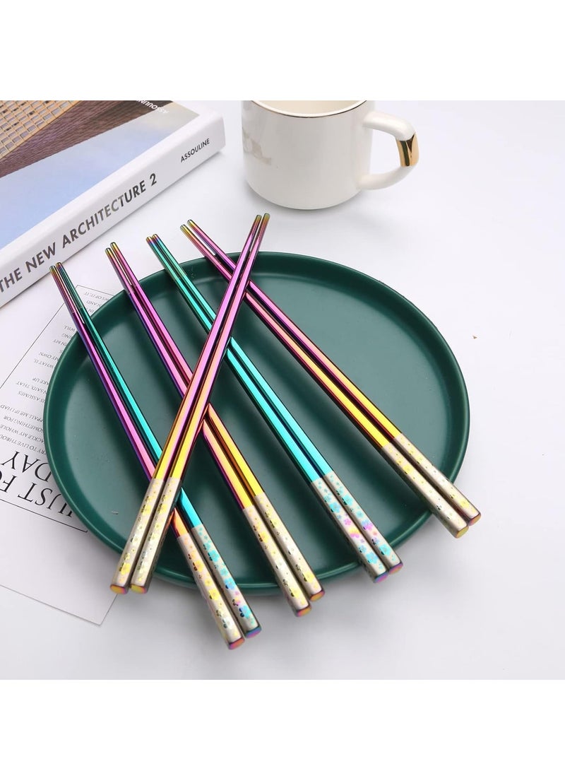 SYOSI عيدان طعام من الفولاذ المقاوم للصدأ، عيدان طعام قابلة لإعادة الاستخدام بألوان قوس قزح، عيدان طعام معدنية آمنة في غسالة الأطباق، عيدان طعام مربعة خفيفة الوزن، مجموعة هدايا 5 أزواج - Image 3