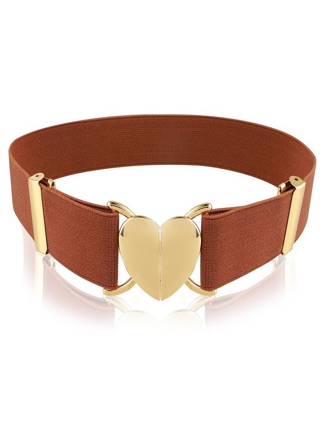 Andibro Heart Elastic Waist Belts for Girls, Adjustable Woven Stretch Belt Fashion Metal Heart Buckle Waistband for Women(Brown) - Image 1