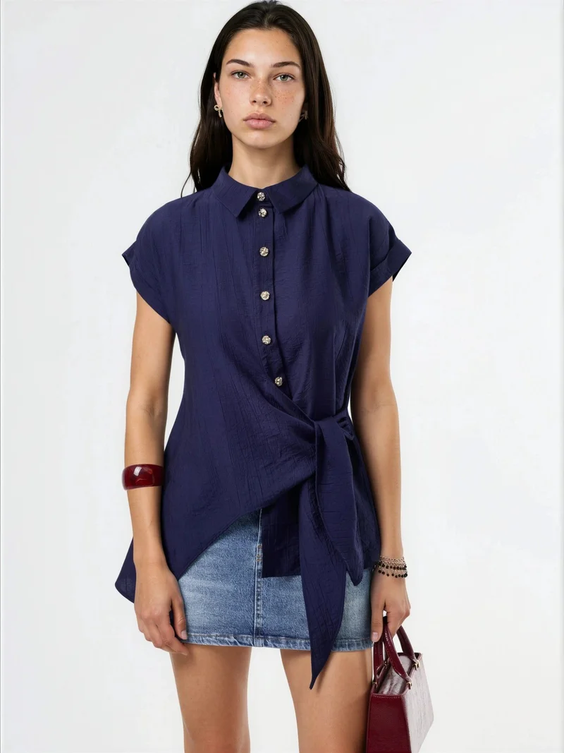 Busem BUSEM Textured Woven Blouse with Tie Detail