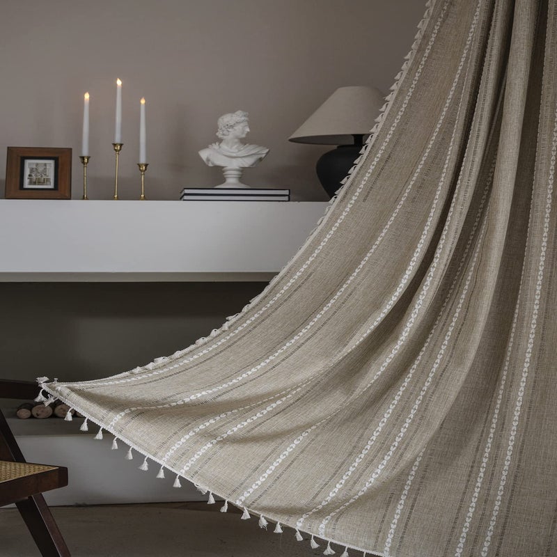 ColorBird Boho Curtains 84 inch Length 2 Panels Set Tan Embroidered Striped Farmhouse Drapes for Bedroom Living Room Dining Nursery Doorways