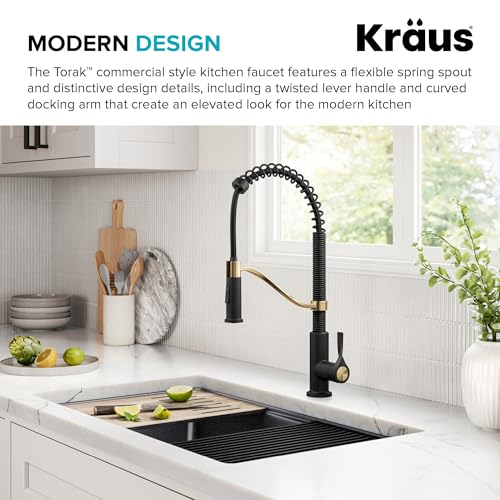 KRAUS Torak Pull Down Kitchen Faucet in Spot-Free Brushed Brass/Matte Black with Commercial Style Spring Spout, 2 Function Sprayer, Pre-Attached Water Lines, and Mounting Hardware, KPF-2635SFBBMB - Image 2
