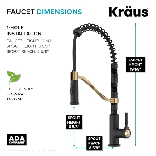 KRAUS Torak Pull Down Kitchen Faucet in Spot-Free Brushed Brass/Matte Black with Commercial Style Spring Spout, 2 Function Sprayer, Pre-Attached Water Lines, and Mounting Hardware, KPF-2635SFBBMB - Image 4