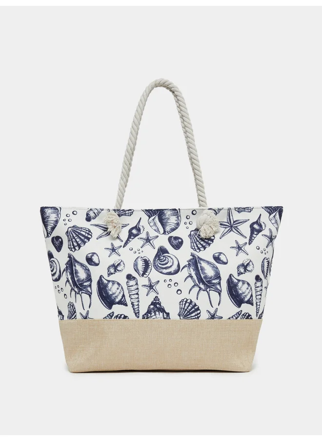 Styli Styli Sea Shell Print Beach Shoulder Bag with Zip Closure
