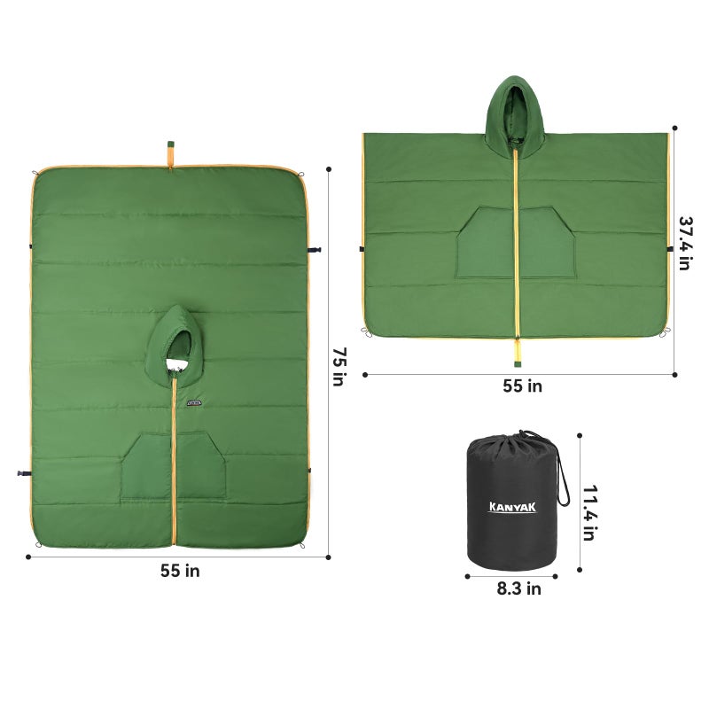 Kanyak Hooded Poncho Blanket, Wearable Camping Blankets, Large Poncho Windproof & Water-Repellent, 75 x 55 inch, Portable & Warm, for Outdoor, Sports, Concerts, Travel, Picnic, Car, Stadium, Hunting (Green) - Image 3