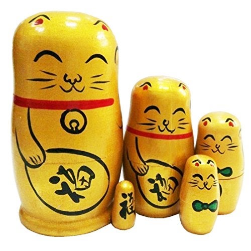 Winterworm Set of 5 Maneki Neko Lucky Cat Golden Wooden Traditional Russian Nesting Dolls Japanese Chinese Character Fu Handmade Christmas Birthday Gift for Kids Boys Girls Home Decoration - Image 1