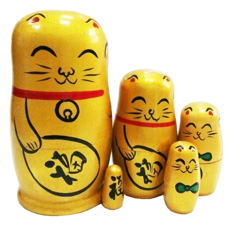 Winterworm Set of 5 Maneki Neko Lucky Cat Golden Wooden Traditional Russian Nesting Dolls Japanese Chinese Character Fu Handmade Christmas Birthday Gift for Kids Boys Girls Home Decoration - Image 3