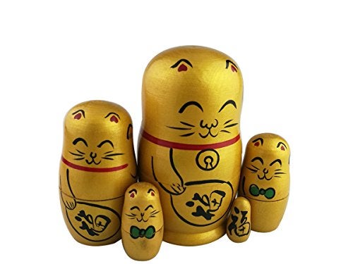 Winterworm Set of 5 Maneki Neko Lucky Cat Golden Wooden Traditional Russian Nesting Dolls Japanese Chinese Character Fu Handmade Christmas Birthday Gift for Kids Boys Girls Home Decoration - Image 5