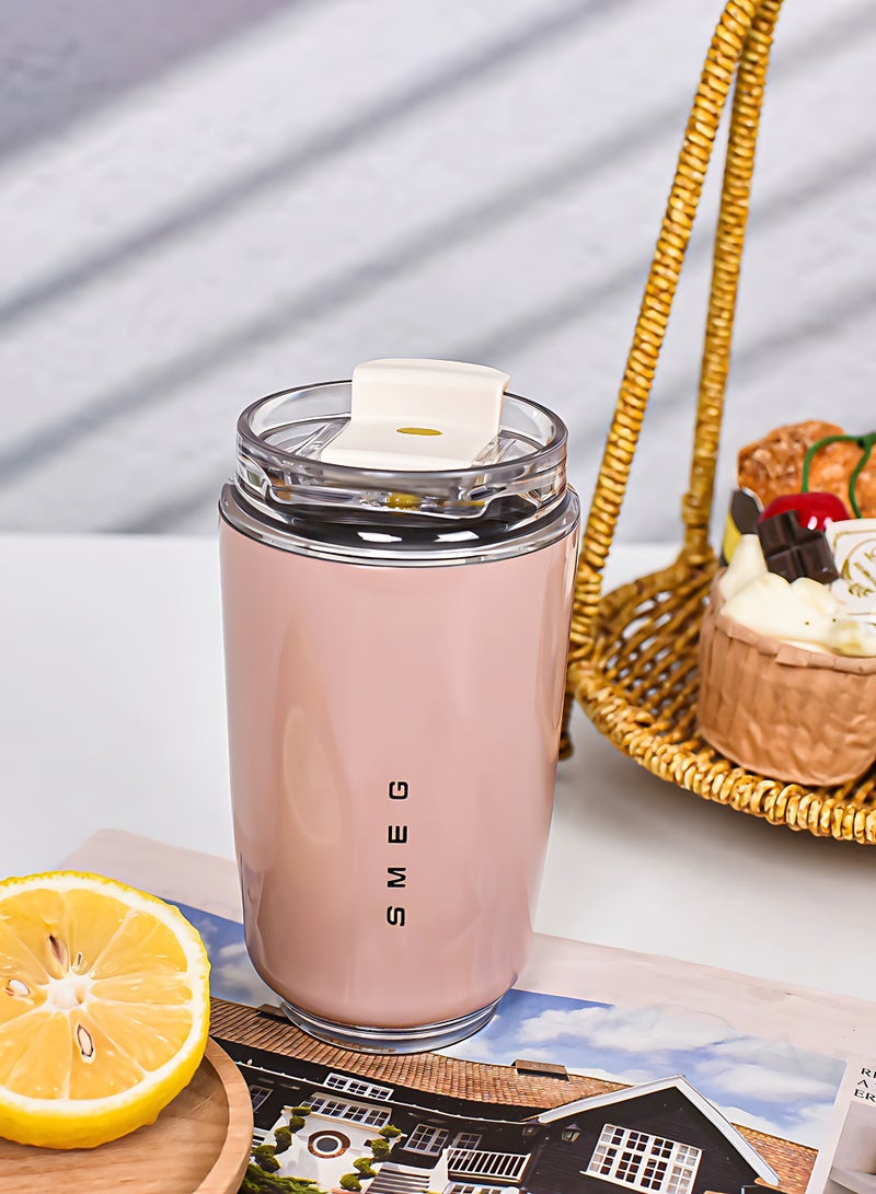 سميج كوب قهوة للسفر من Smeg، كوب معزول للمشروبات مع غطاء مضاد للتسرب، كوب قهوة طويل الأمد مع غطاء، ترمس قهوة للسفر (وردي) - Image 4