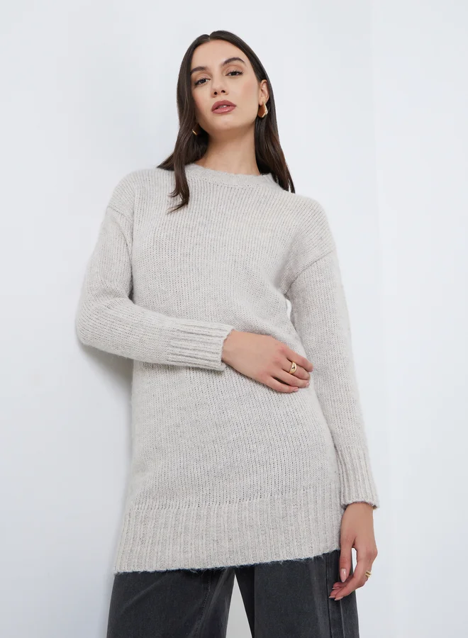 Styli Grey Regular Fit Longline Knit Sweater