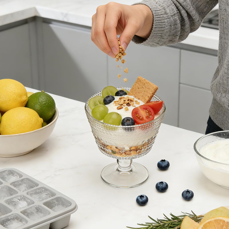 Accguan 9oz Glass Dessert Bowls, Pedestal Ice Cream Cups Set of 6, Yogurt Bowl, Clear Textured Crystal for Sundaes, Yogurt, Breakfast, Oats, Sorbet - Image 5