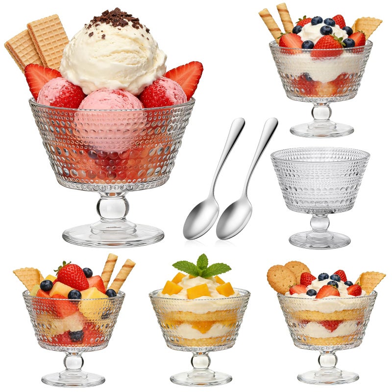 Accguan 9oz Glass Dessert Bowls, Pedestal Ice Cream Cups Set of 6, Yogurt Bowl, Clear Textured Crystal for Sundaes, Yogurt, Breakfast, Oats, Sorbet - Image 1