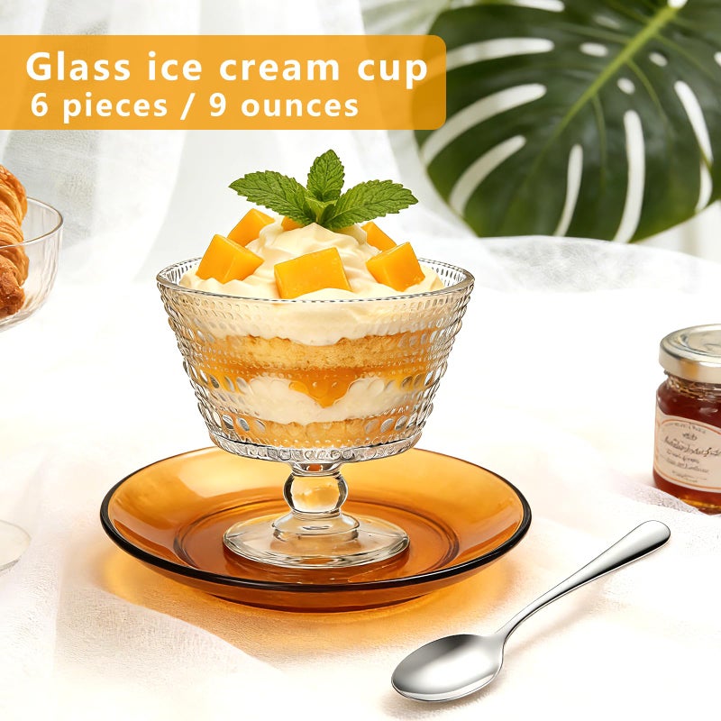 Accguan 9oz Glass Dessert Bowls, Pedestal Ice Cream Cups Set of 6, Yogurt Bowl, Clear Textured Crystal for Sundaes, Yogurt, Breakfast, Oats, Sorbet - Image 3