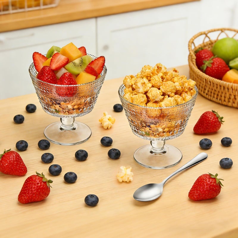 Accguan 9oz Glass Dessert Bowls, Pedestal Ice Cream Cups Set of 6, Yogurt Bowl, Clear Textured Crystal for Sundaes, Yogurt, Breakfast, Oats, Sorbet - Image 4