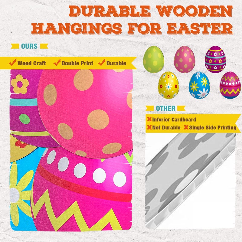 Threan 6 Pieces Easter Egg Outdoor Decoration 7.9 Inch Wooden Egg Hanging Ornaments Double Sided Large Colorful Easter Yard Signs for Tree Porch Yard Party Decor - Image 4