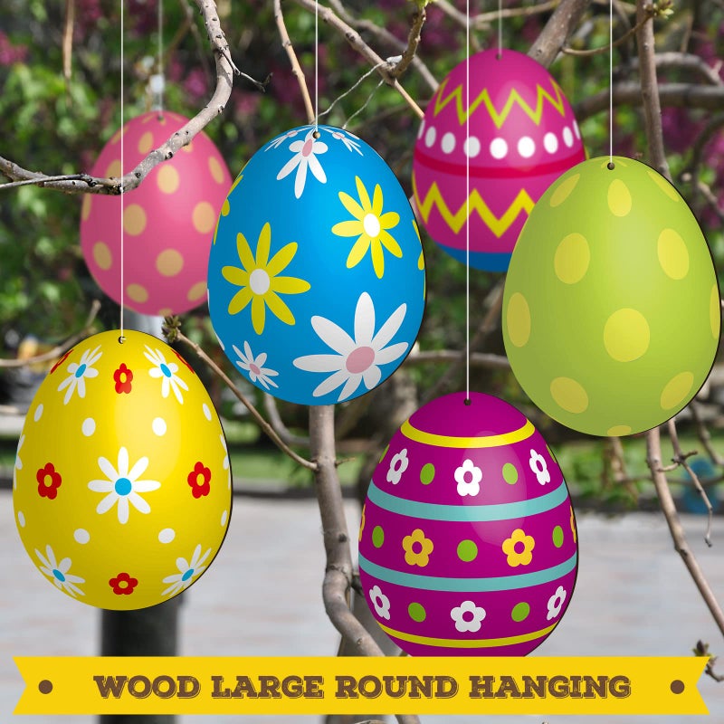 Threan 6 Pieces Easter Egg Outdoor Decoration 7.9 Inch Wooden Egg Hanging Ornaments Double Sided Large Colorful Easter Yard Signs for Tree Porch Yard Party Decor - Image 5
