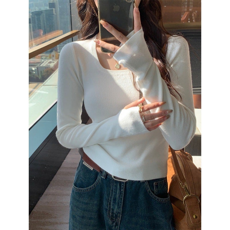 Low Collar Bottoming Shirt Womens 2025 New Spring and Autumn Grey Sweater Slim-fit Square Collar Sweater High-grade Inner Top Granny Grey - Image 2