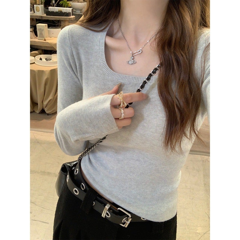Low Collar Bottoming Shirt Womens 2025 New Spring and Autumn Grey Sweater Slim-fit Square Collar Sweater High-grade Inner Top Granny Grey - Image 1