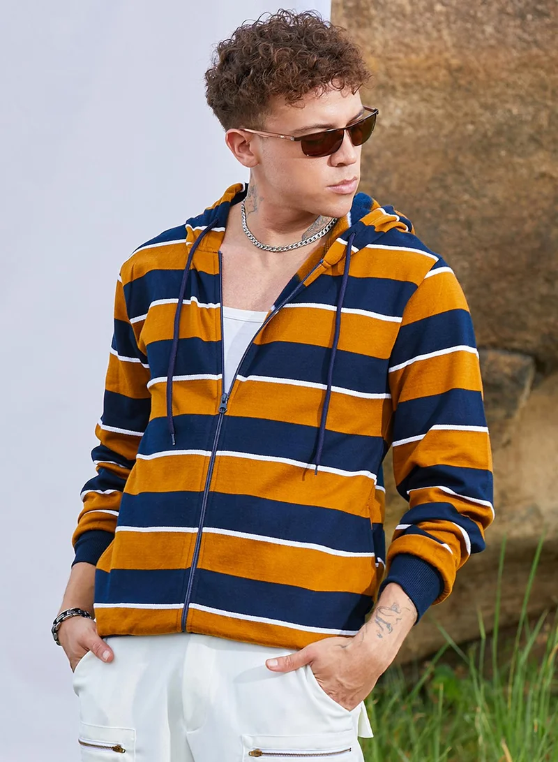 Campus Sutra Men's Black & Brown Horizontal Striped Zip-Front Hoodie