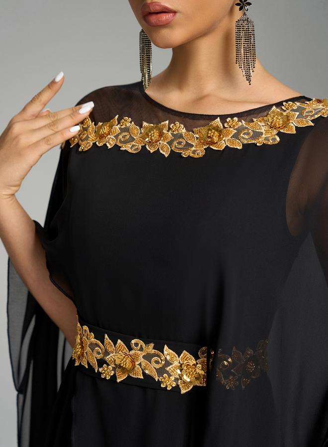 SUPGIR Black Embroidered Cape Sleeve Maxi Dress - Image 4