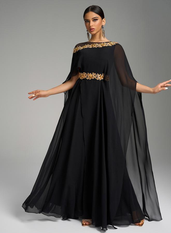 SUPGIR Black Embroidered Cape Sleeve Maxi Dress - Image 5