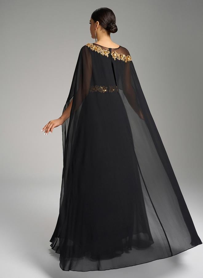 SUPGIR Black Embroidered Cape Sleeve Maxi Dress - Image 3