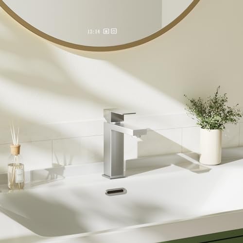 Phiestina Single Hole Brushed Nickel Square Single Handle Bathroom Vanity Faucet with Metal pop up Drain with Deck Plate, Overflow & Water Supply line, BF3530-BN - Image 2