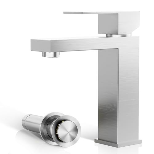 Phiestina Single Hole Brushed Nickel Square Single Handle Bathroom Vanity Faucet with Metal pop up Drain with Deck Plate, Overflow & Water Supply line, BF3530-BN - Image 1