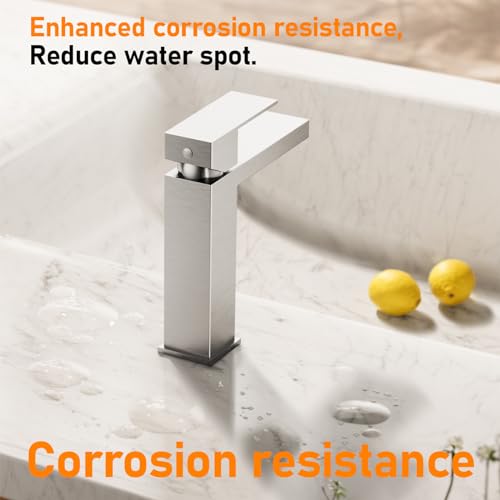 Phiestina Single Hole Brushed Nickel Square Single Handle Bathroom Vanity Faucet with Metal pop up Drain with Deck Plate, Overflow & Water Supply line, BF3530-BN - Image 3
