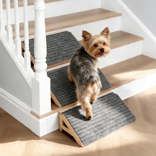 KISIMUY 2-Pack Dog Ramp Stairs for Pets ups to 170lbs, Durable Anti-Slip Carpet Surface, Wooden Low-Angled Pet Ramp Assist for Injured & Aged Pets, Stairs Ramp for Small Dogs, No Assembly（Natural Solid Wood） - Image 3
