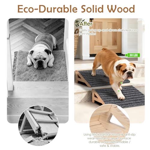 KISIMUY 2-Pack Dog Ramp Stairs for Pets ups to 170lbs, Durable Anti-Slip Carpet Surface, Wooden Low-Angled Pet Ramp Assist for Injured & Aged Pets, Stairs Ramp for Small Dogs, No Assembly（Natural Solid Wood） - Image 4