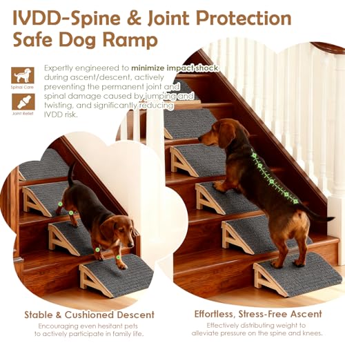 KISIMUY 2-Pack Dog Ramp Stairs for Pets ups to 170lbs, Durable Anti-Slip Carpet Surface, Wooden Low-Angled Pet Ramp Assist for Injured & Aged Pets, Stairs Ramp for Small Dogs, No Assembly（Natural Solid Wood） - Image 5