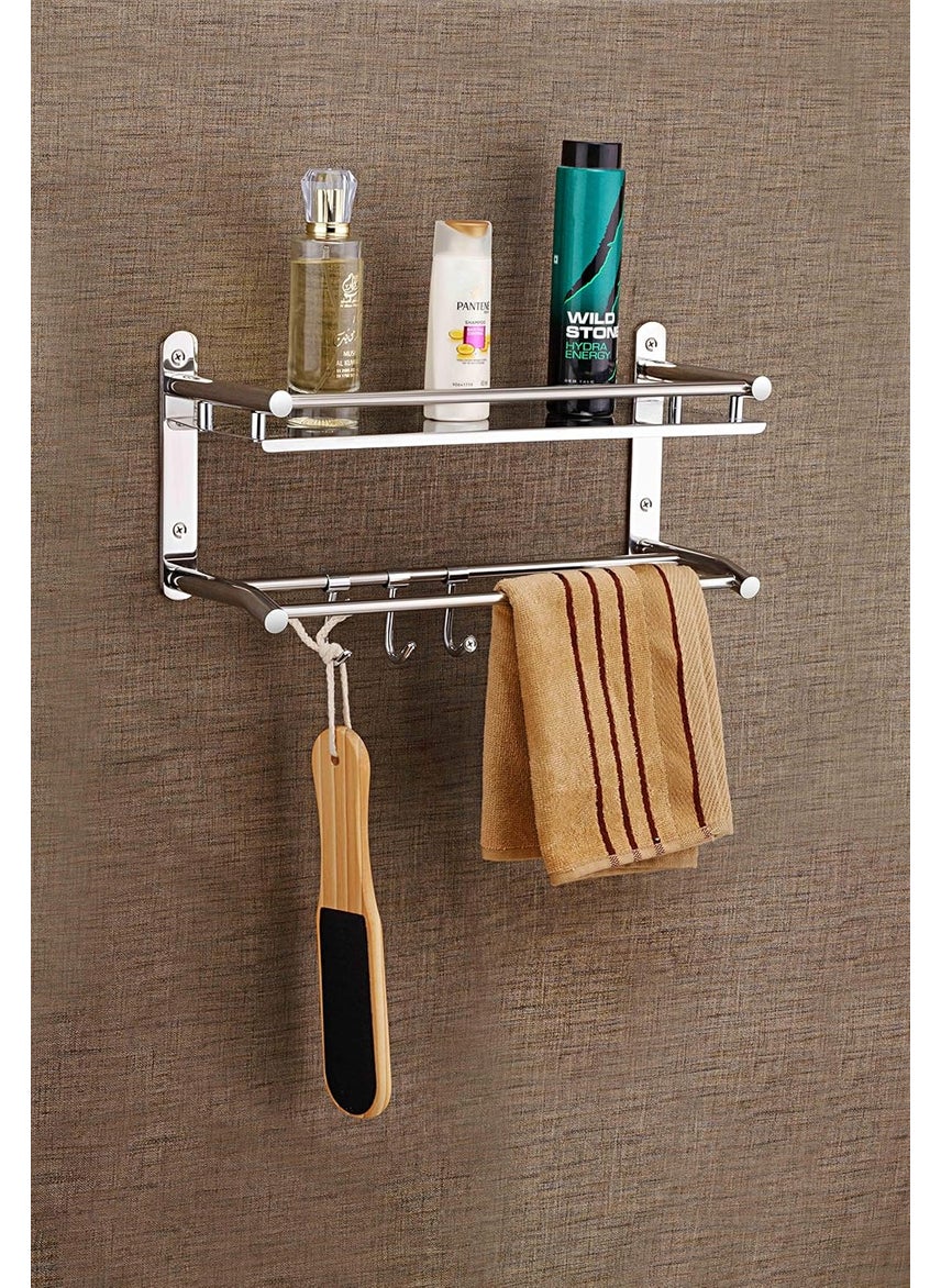 SYNERGY - Synergy - Stainless Steel 2 Tier Bathroom Shelf/Kitchen Shelf/Bathroom Rack/Bathroom Accessories with Towel Rod and Utility Hooks [SY-TH15] - Image 1