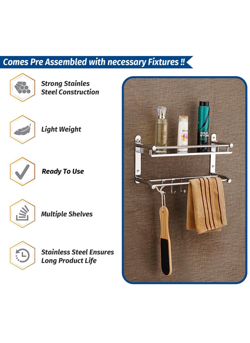 SYNERGY - Synergy - Stainless Steel 2 Tier Bathroom Shelf/Kitchen Shelf/Bathroom Rack/Bathroom Accessories with Towel Rod and Utility Hooks [SY-TH15] - Image 1