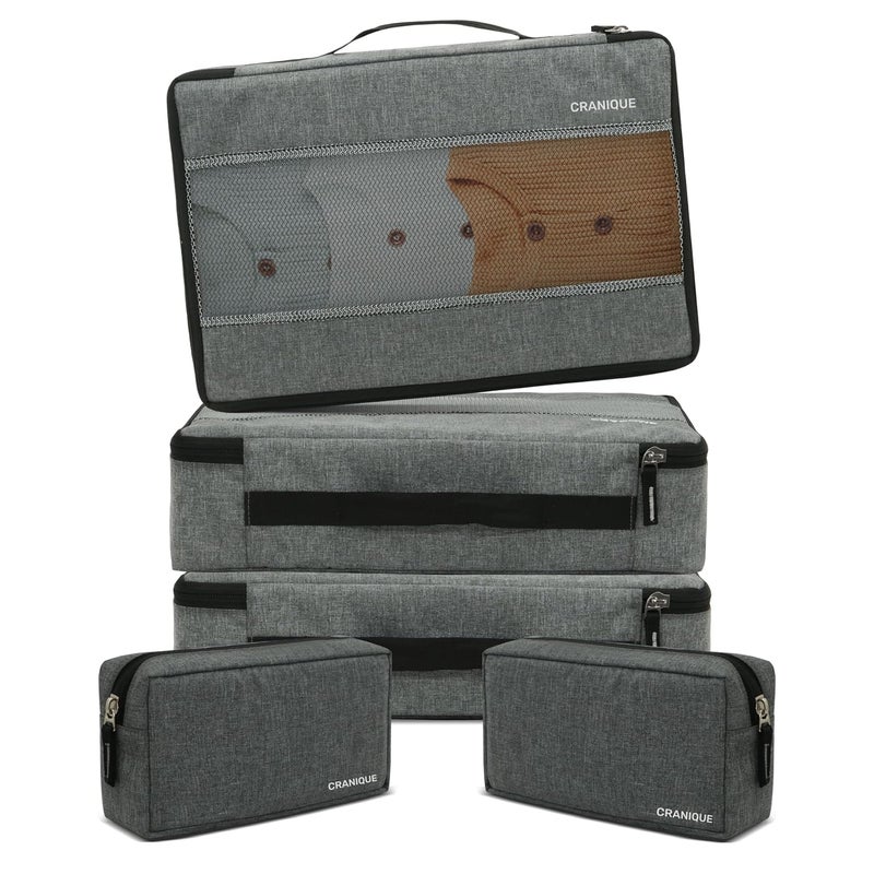 Cranique Polyester Packing Cubes for Travel Organizer, Storage Bag, Packing Bag for Clothes, Essential Pouch, Travel Organizer for Men & Women Pack of 5 (Cu1-QP2-GR-Pac5), Grey - Image 1