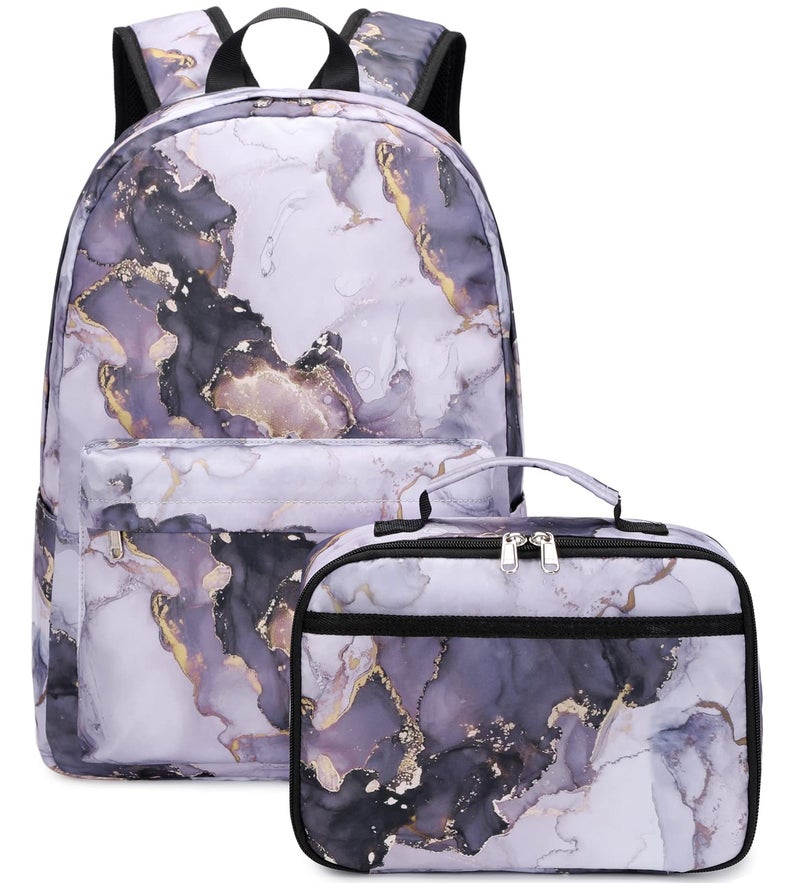 JIANYA Backpack for Girls, Marble Girls Backpack with Lunch Box Kids School Bag Travel Back Packs - Image 1