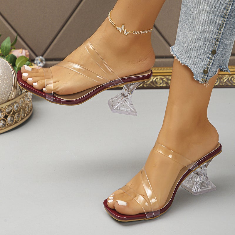 Large Size Transparent High-Heeled Shoes For Women, Summer Fashion New Style, One-Strap High-Heeled Slippers, Crystal Heel, Chunky Heel Sandals - Image 4