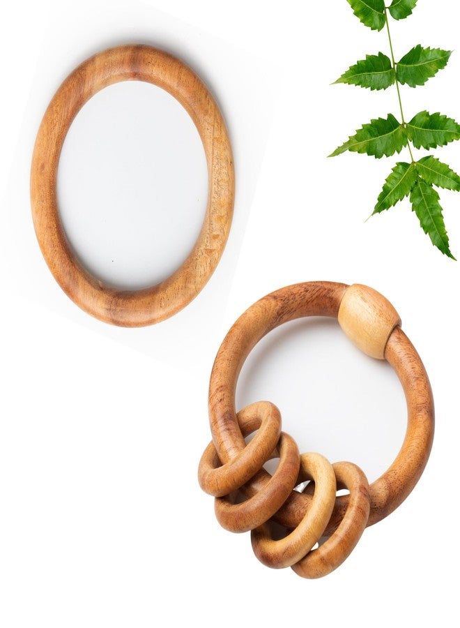 WoCra® Neem Wood Baby Teether Toys - Pack of 2 | Organic Wooden Teething & Chew Toys for Newborns, Infants & Toddlers | Safe Non-Toxic Baby Soothers | Ring Teether + Ring Rattle Combo